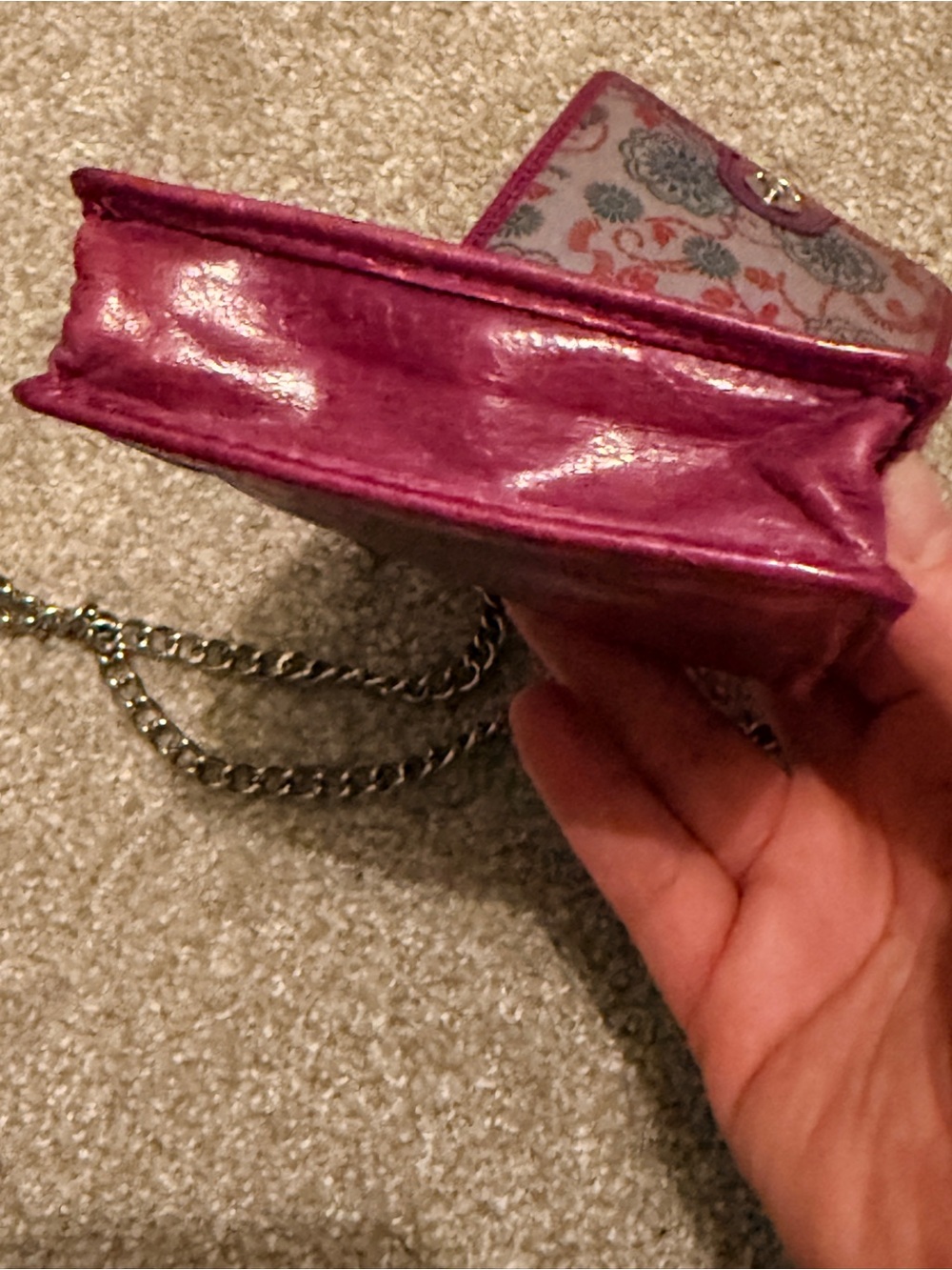 HOBO International Fuchsia Pink Glazed Leather Mini Crossbody Bag Wallet Chain - Picture 10 of 14